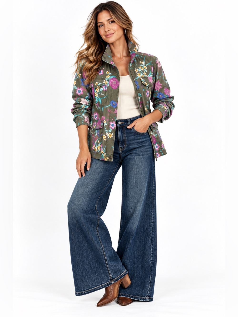 Lane Bryant Floral Olive Green Utility Jacket Boho Cargo 14/16